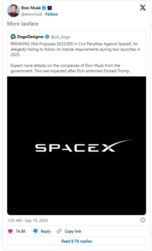 马斯克怒怼FAA！SpaceX打响63.3万罚单反击战