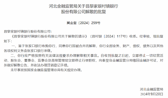 河北三家村镇银行获批解散 两家村镇银行将被吸收合并